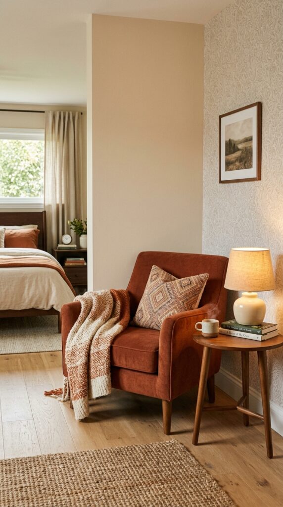 25 Cozy Bedroom Ideas That Make Your Space Feel More Inviting 014 a corner of a bedroom with a single upholstered ar