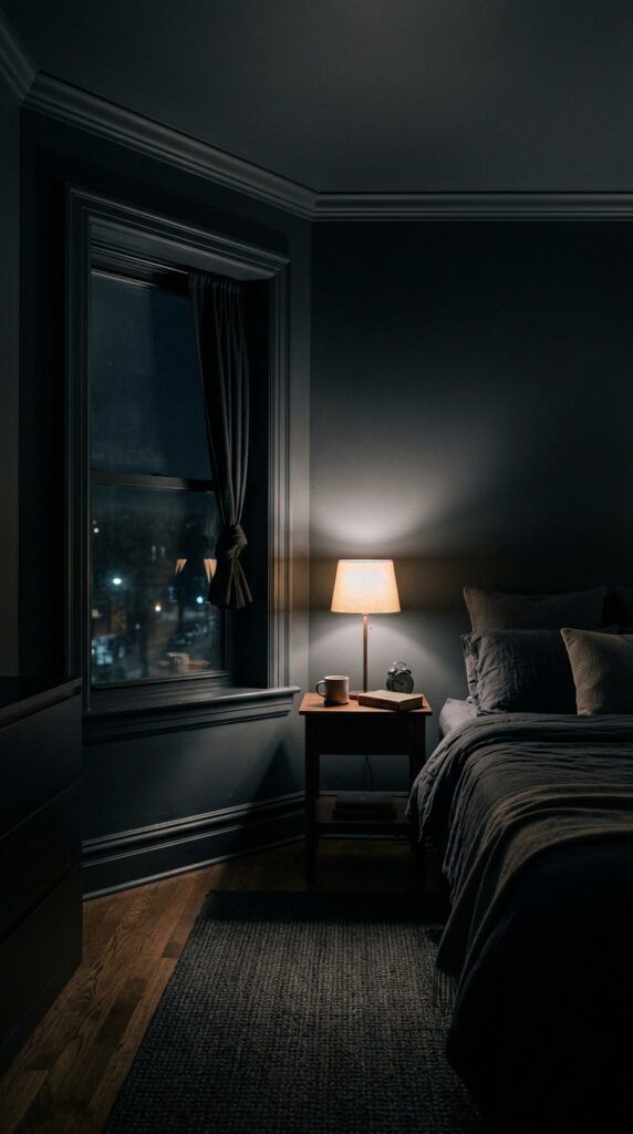 25 Moody Bedroom Ideas For A Rich And Dramatic Feel 014 image prompt a bedroom where the walls baseboards