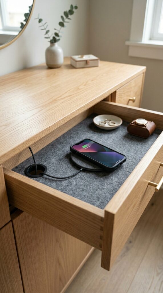 25 Vanity Ideas For A Bedroom With A More Luxurious Touch 015 a shallow vanity drawer opened to reveal a built i