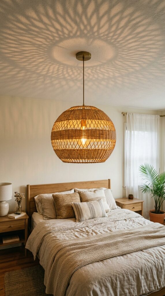 015 a wicker pendant lamp hanging over the center of a