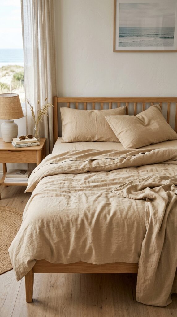 016 a bed made with linen sheets in a warm sand color 