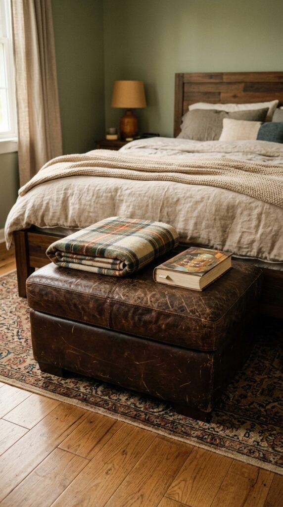 016 a low ottoman upholstered in worn dark brown leath