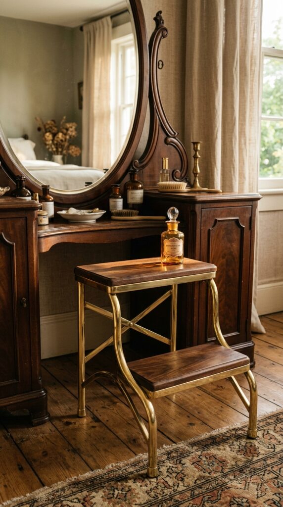 25 Vanity Ideas For A Bedroom With A More Luxurious Touch 016 a small two step brass step stool tucked beside a