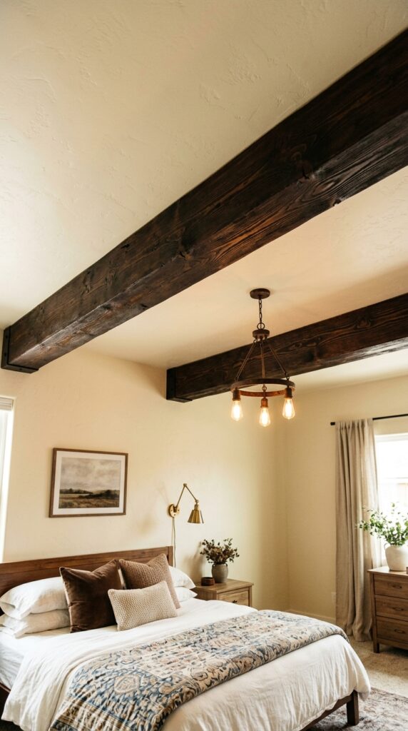 017 a bedroom ceiling with two dark stained faux woode