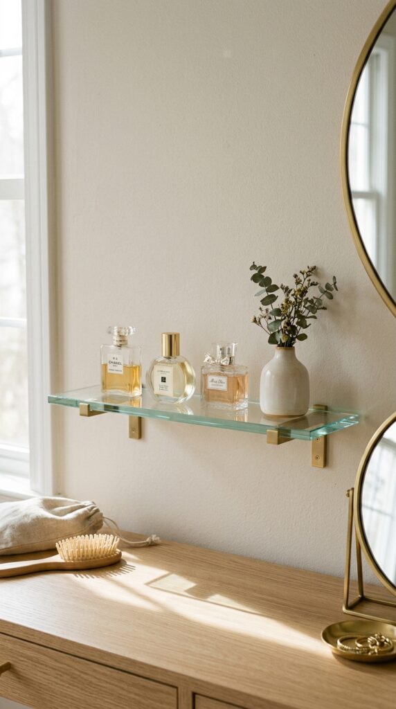 25 Vanity Ideas For A Bedroom With A More Luxurious Touch 017 a clear glass shelf mounted on brass brackets abou