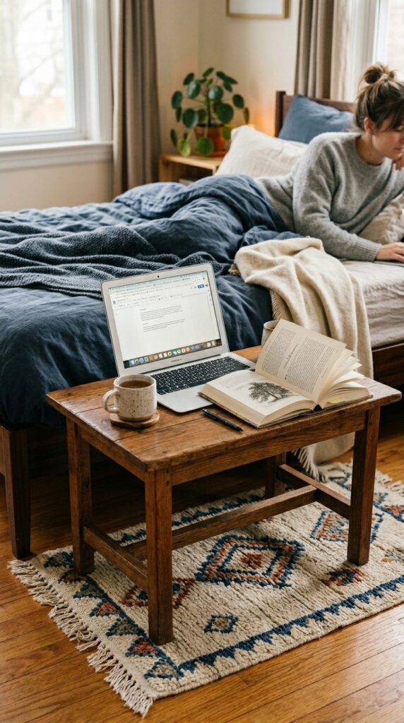 25 Cozy Bedroom Ideas That Make Your Space Feel More Inviting 017 a low wooden coffee table only 16 inches tall plac