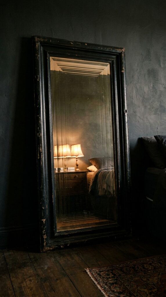 25 Moody Bedroom Ideas For A Rich And Dramatic Feel 017 image prompt a tall mirror in a chunky black wood