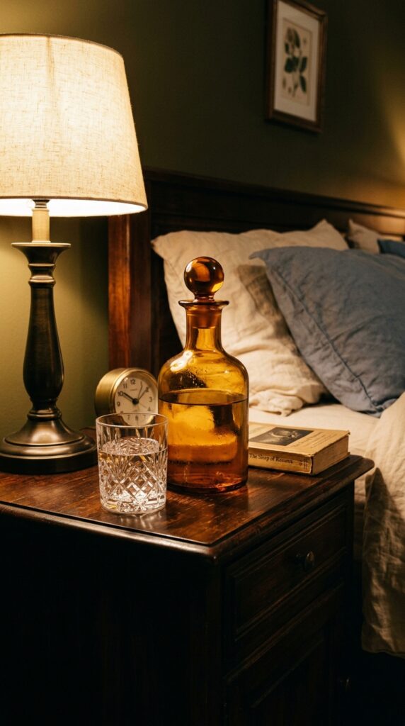 018 a bedside nightstand holding an amber glass carafe