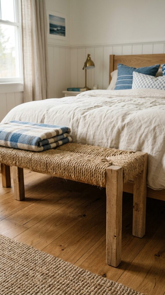018 a low wooden bench at the foot of a bed the seat w