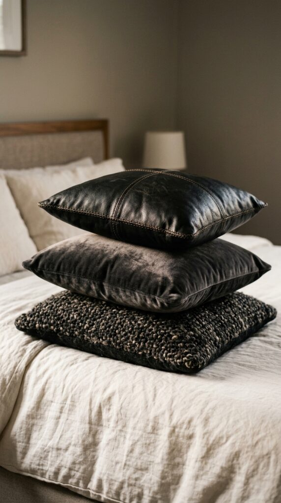 25 Moody Bedroom Ideas For A Rich And Dramatic Feel 018 image prompt a bed with three throw pillows in dif