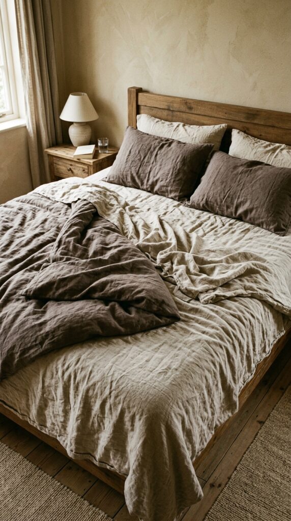 019 a bed dressed in heavy linen bedding in unbleached