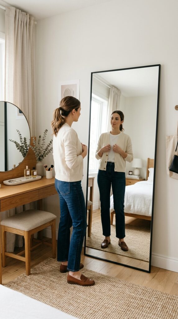 25 Vanity Ideas For A Bedroom With A More Luxurious Touch 019 a full length standing mirror in a slim black meta
