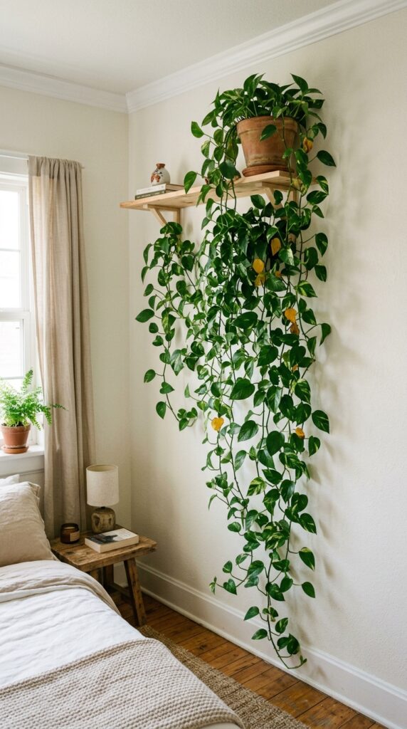 25 Cozy Bedroom Ideas That Make Your Space Feel More Inviting 019 a high shelf near the ceiling in a bedroom holding