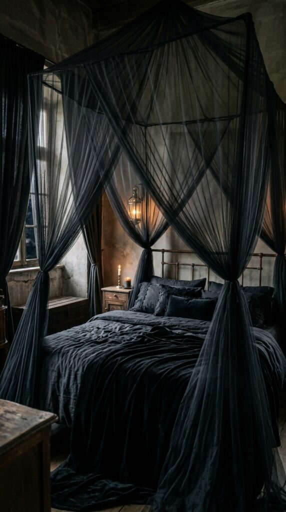 25 Moody Bedroom Ideas For A Rich And Dramatic Feel 019 image prompt a canopy made of black tulle gathered