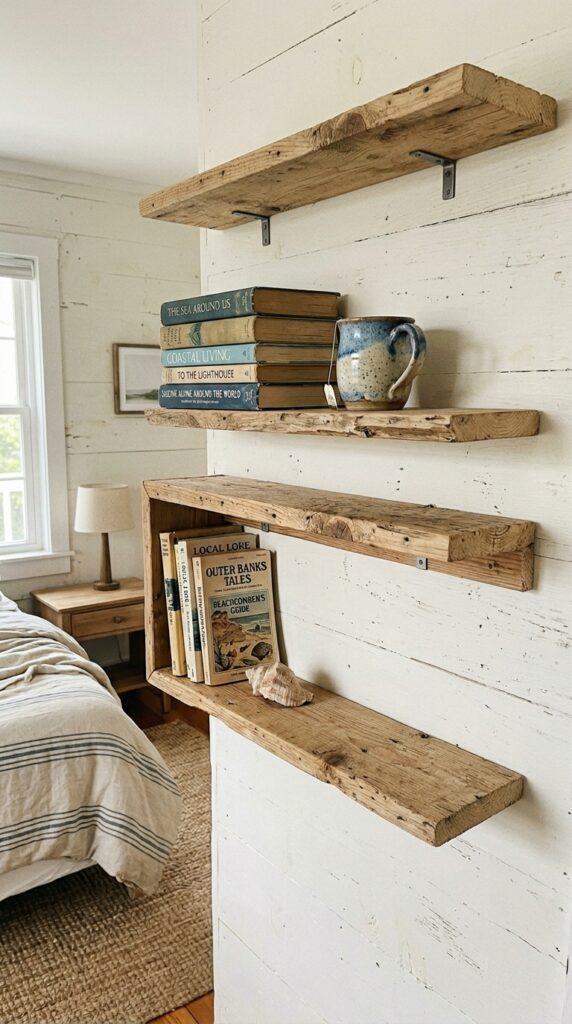 019 two open shelves mounted on a bedroom wall made of