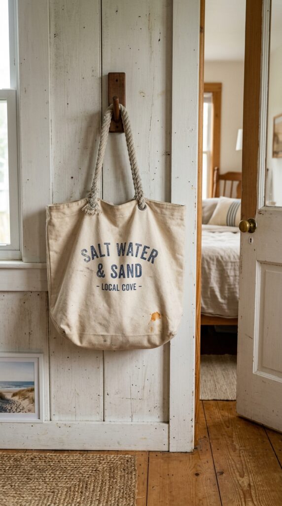 020 a natural canvas beach tote hanging from a wooden 