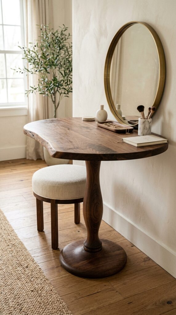 25 Vanity Ideas For A Bedroom With A More Luxurious Touch 020 a round wooden vanity table with a single central