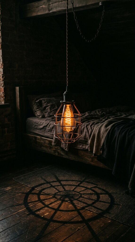 25 Moody Bedroom Ideas For A Rich And Dramatic Feel 021 image prompt a single industrial pendant light han