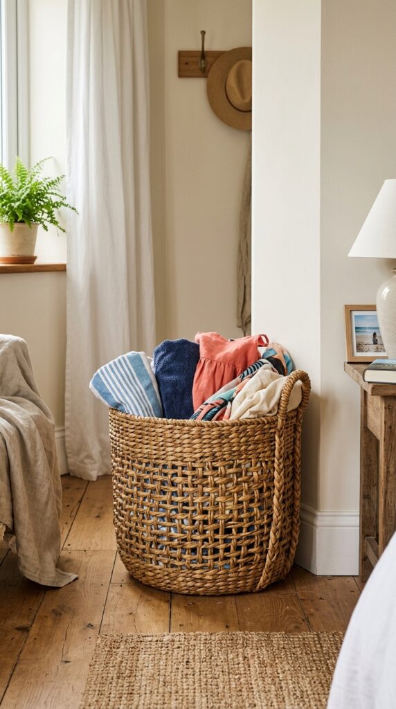 022 a large round laundry basket made of woven seagras