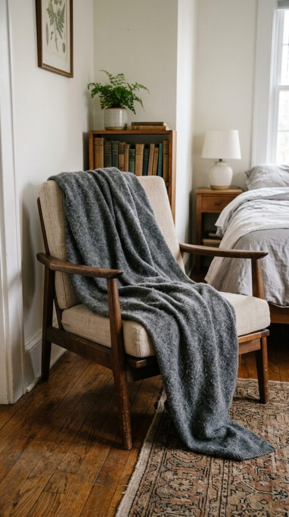 022 a single armchair in a corner of a bedroom draped 