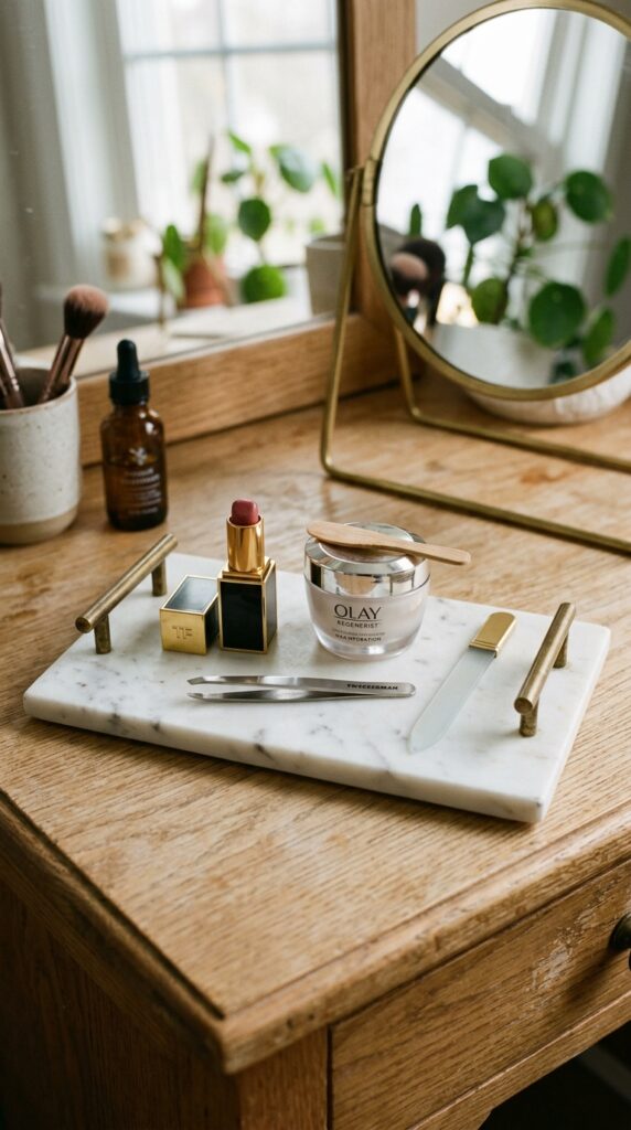 25 Vanity Ideas For A Bedroom With A More Luxurious Touch 022 a small rectangular white marble tray with two sma