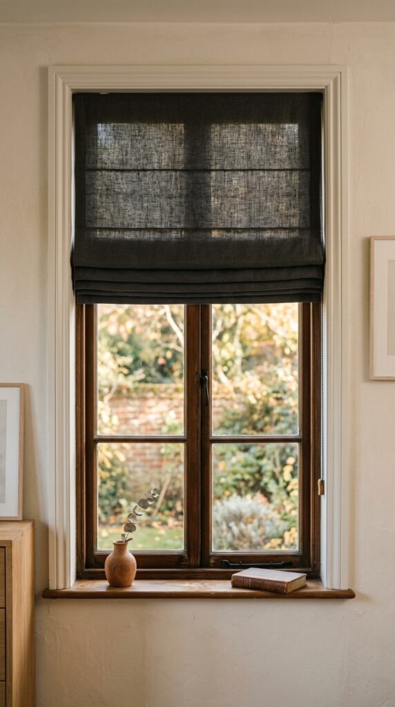 25 Moody Bedroom Ideas For A Rich And Dramatic Feel 022 image prompt a window with a roman shade in dark c