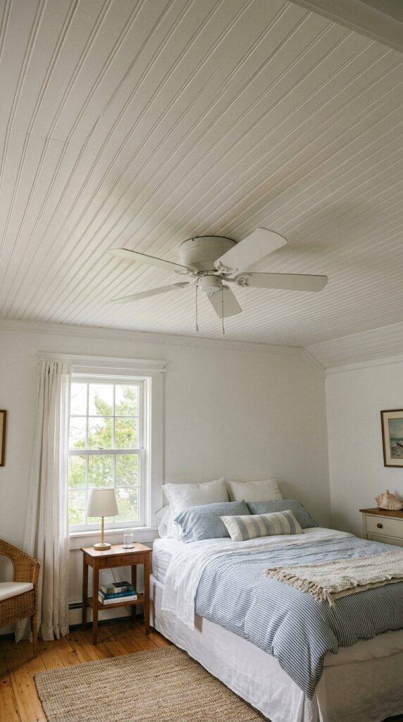 023 a bedroom ceiling covered in beadboard planks pain