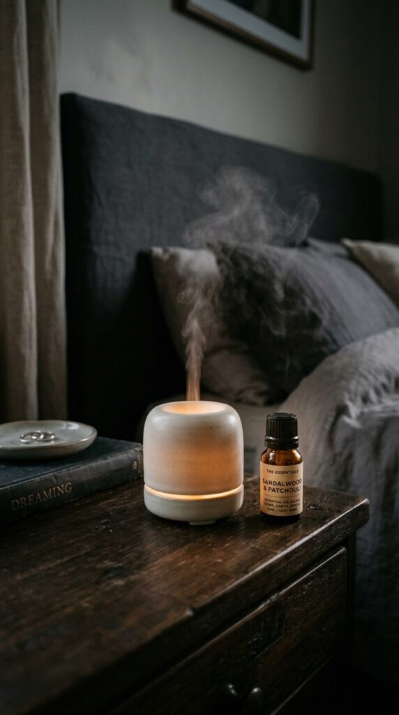 023 a small ceramic ultrasonic diffuser on a nightstan
