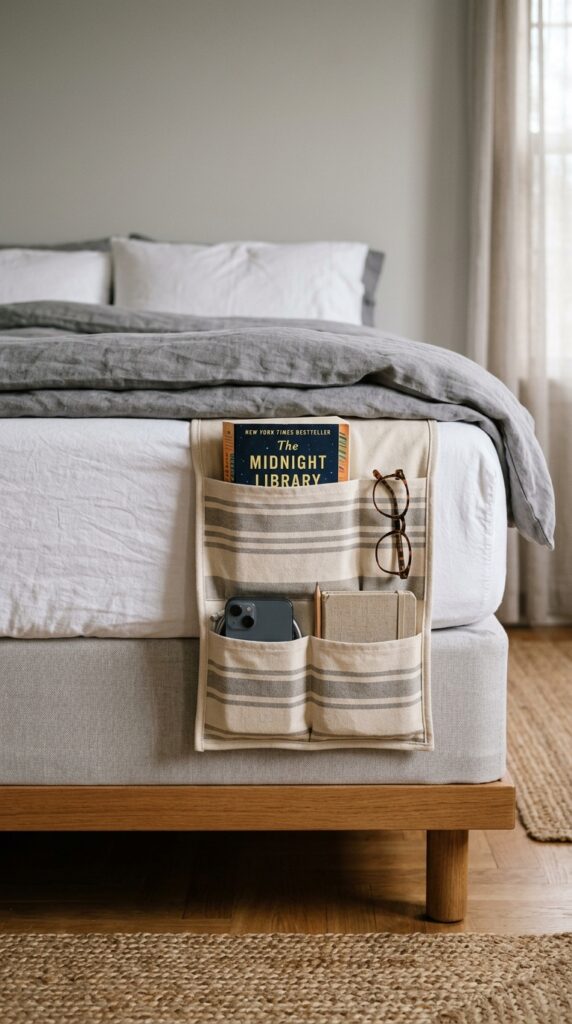 25 Cozy Bedroom Ideas That Make Your Space Feel More Inviting 023 the side of a bed showing a fabric caddy hanging b