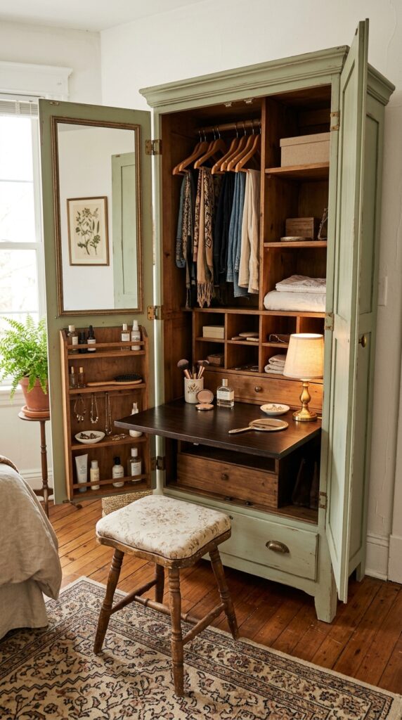 25 Vanity Ideas For A Bedroom With A More Luxurious Touch 024 a vintage wooden armoire with the doors open revea