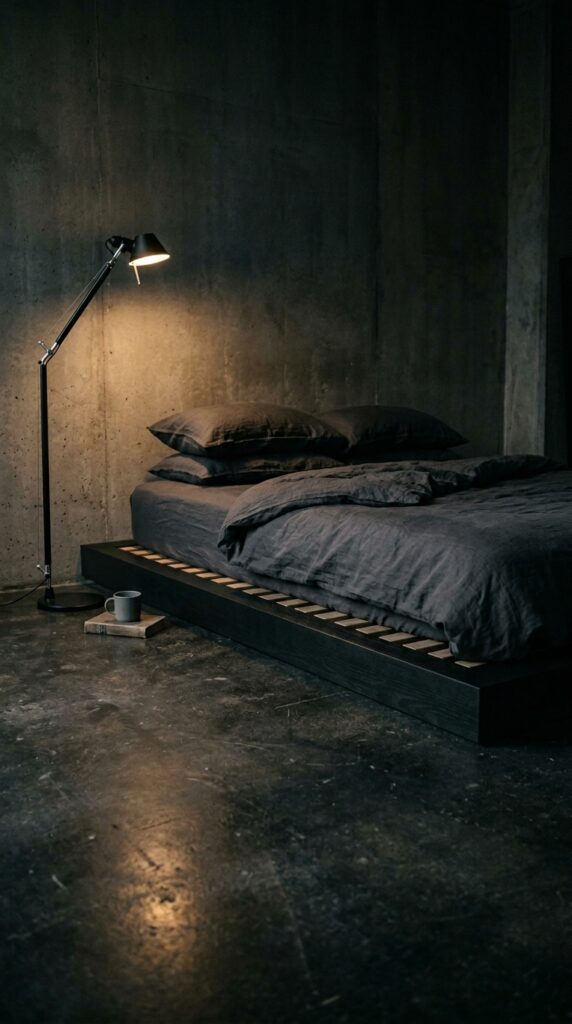 25 Moody Bedroom Ideas For A Rich And Dramatic Feel 024 image prompt a low black platform bed with a slatt