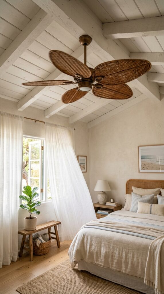 025 a ceiling fan in a bedroom the blades made of wove