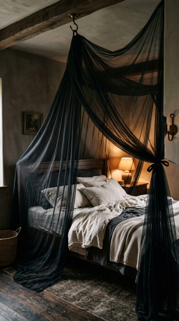 025 a sheer black canopy fabric draped from a single c