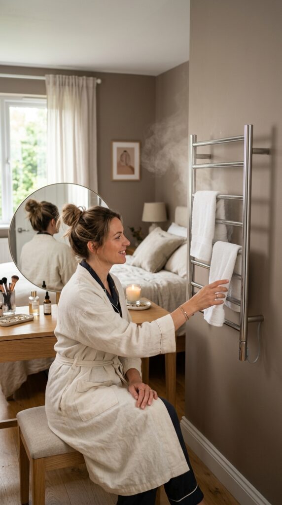 25 Vanity Ideas For A Bedroom With A More Luxurious Touch 025 a slim wall mounted heated towel rack in polished