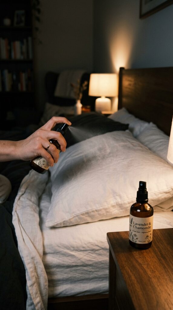 25 Cozy Bedroom Ideas That Make Your Space Feel More Inviting 025 a small amber glass bottle with a spray mister sit