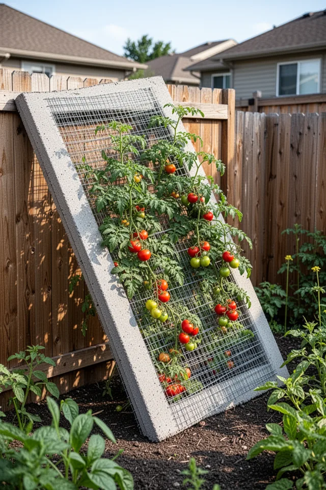A 5-foot section of concrete remesh panel leaned at a 45-degree angle against a wooden fence. Tomato plants grow through the grid, their fruit hanging down on the sunny side. Bright light, neat suburban garden.
