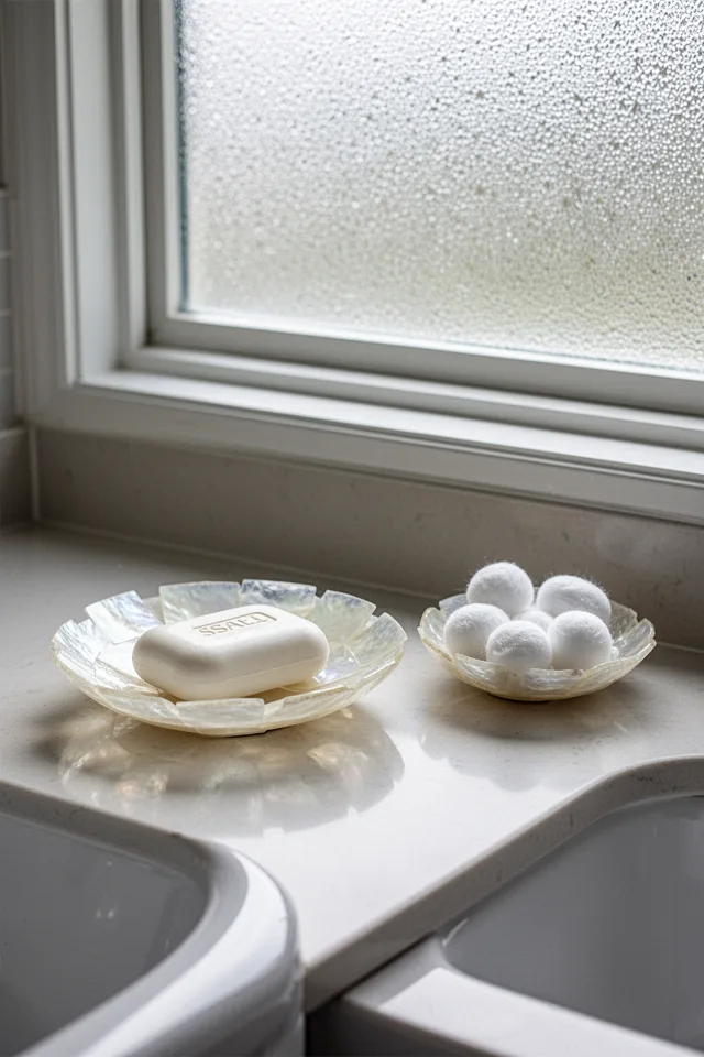 16 Capiz Shell Decor Ideas For A Dreamy Coastal Summer A bathroom counter with a capiz shell soap dish holding a white bar soap, and a small capiz shell tray holding cotton balls. The shells are pale and slightly iridescent. Morning light from a frosted window. Clean, spa-like mood.