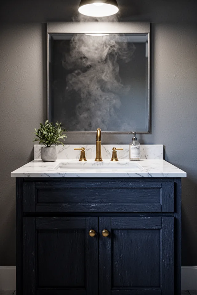 A bathroom vanity painted deep navy blue or charcoal, with a white marble countertop and brass faucet. The paint is matte, slightly textured. A small plant sits next to a soap dispenser. Soft overhead light, steam haze in the air. Real bathroom, not a showroom.