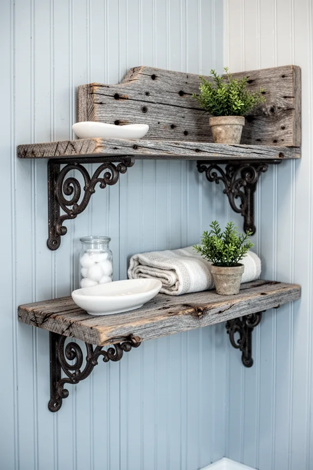 A bathroom wall with two floating shelves made of reclaimed barn wood, supported by ornate vintage iron brackets. The wood is aged grey, with saw marks and nail holes visible. On the shelves: a white ceramic soap dish, a small glass jar with cotton balls, a folded linen towel, and a tiny potted fern. The wall behind is covered in pale blue beadboard. The brackets are dark wrought iron with scroll detailing. The wood grain catches the light.
