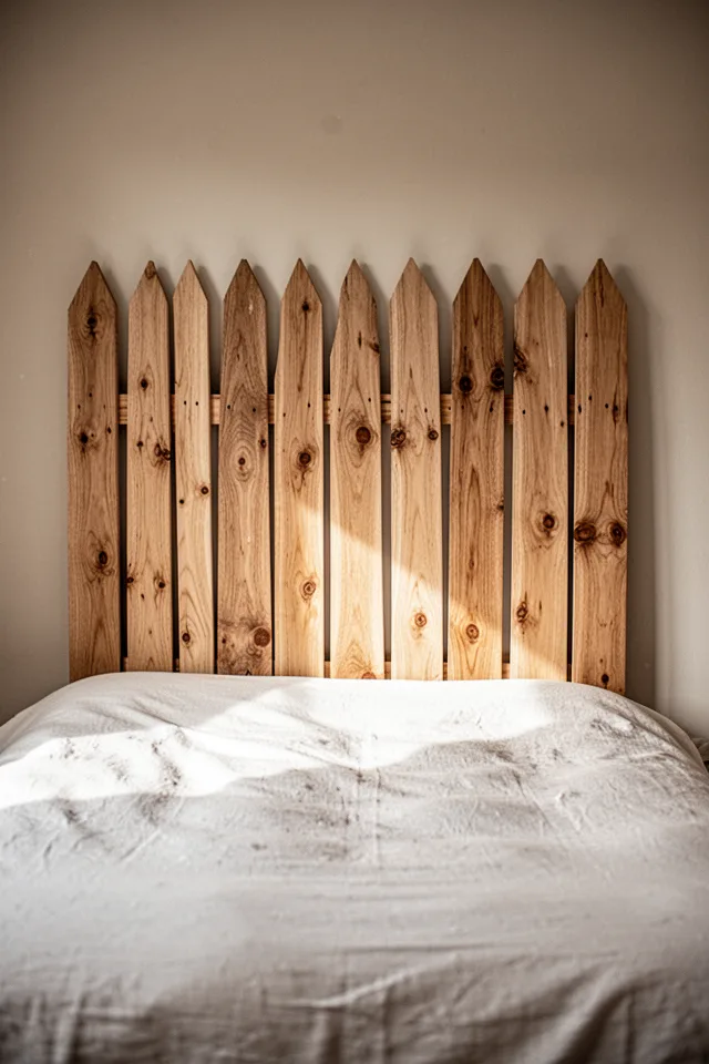 A bed against a wall with a headboard made of vertically aligned wooden fence pickets. The wood is stained a light oak, with visible knots and grain. A white bedspread, soft morning light. No people. Rustic, minimal, warm.