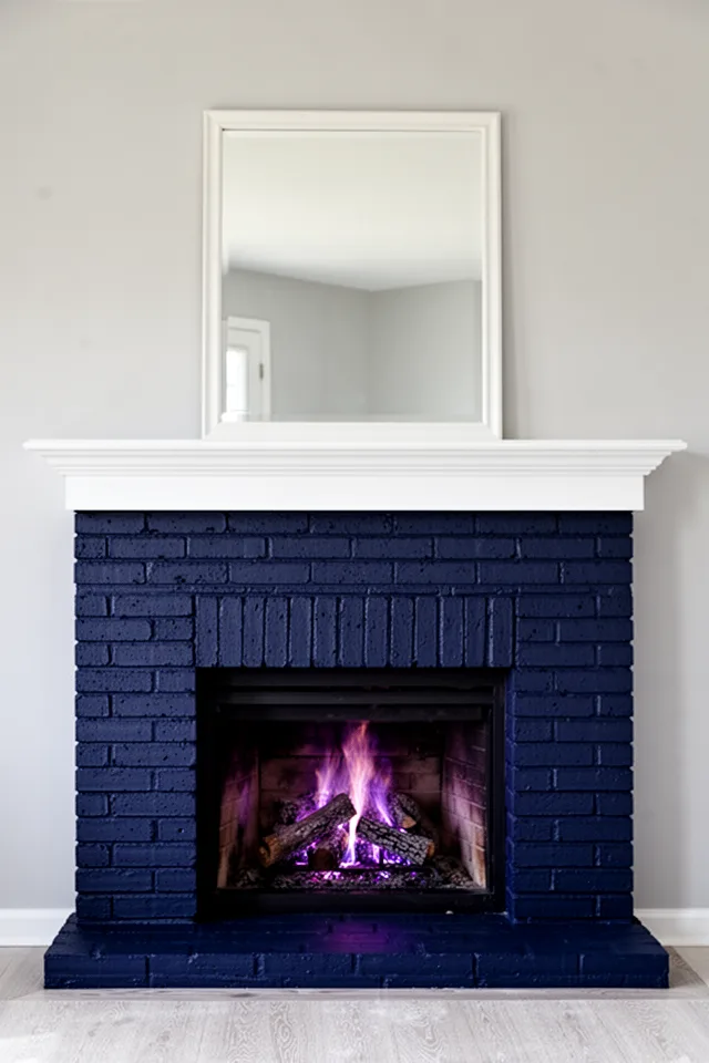 A brick fireplace surround painted a deep matte midnight blue. The mantel is white wood. A simple mirror above. The rest of the room is light gray. The fireplace becomes a dark, strong focal point. Firelight would warm the blue into purple tones.