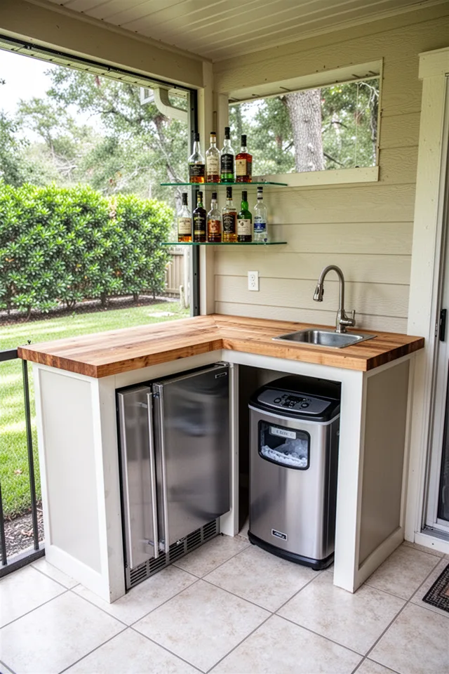 A built-in corner unit in a covered patio. The top is a butcher block slab. Below, a stainless steel mini fridge and a compact ice maker sit side by side. Above the counter, a glass shelf holds bottles of liquor. A small sink with a gooseneck faucet finishes the corner. The floor is porcelain tile.