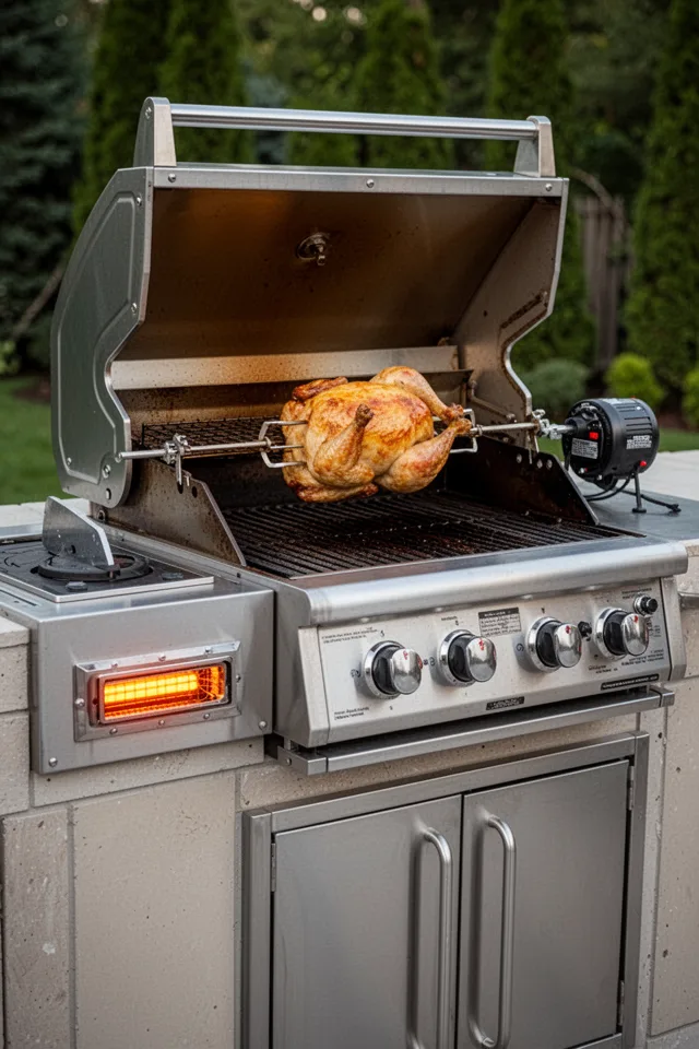 A built-in gas grill with a side infrared burner. The grill has a rotisserie motor mounted on the back, with a spit rod extending across the cooking area. A whole chicken is slowly turning. The grill is set into a stainless steel cabinet with doors. The infrared burner glows orange. The lid is raised, exposing the rotisserie.