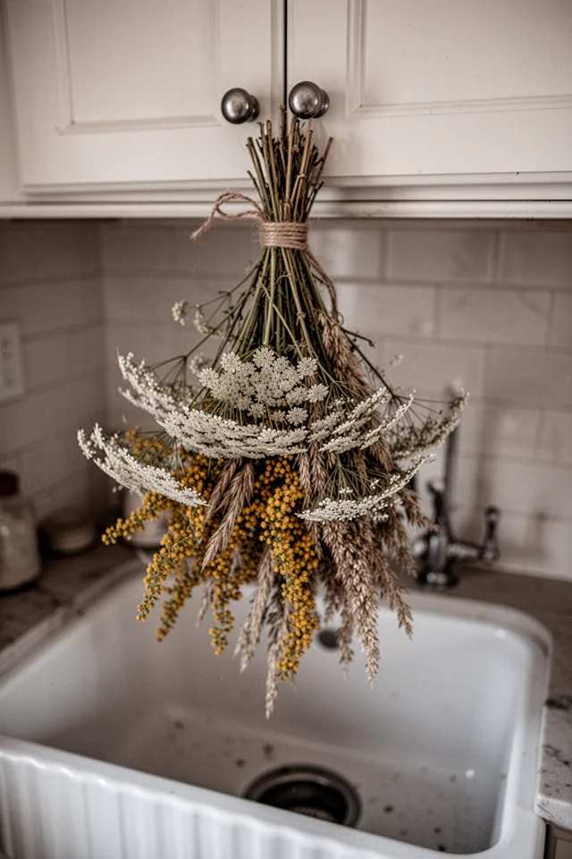 A bundle of dried wildflowers—queen anne