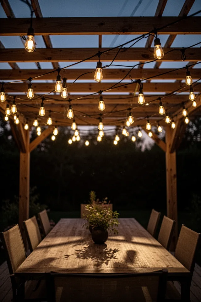 A canopy of Edison‑bulb string lights hung above a dining table on a wooden pergola. The bulbs have a golden, 2700K colour temperature. The wires are black and slightly sag between hooks. The light casts soft shadows on the table below. The background is a dim twilight sky.