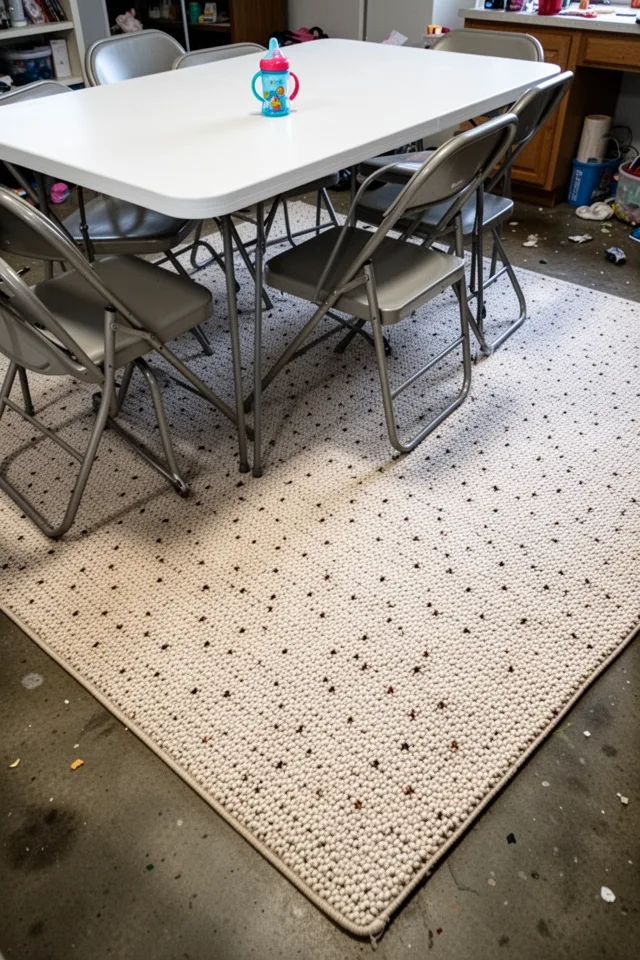 A casual dining room with a white laminate table and metal folding chairs. The floor is concrete, and a large cream Berber loop-pile rug covers most of the area. The rug has tiny dark brown and black specks throughout, giving it a heathered look. The loop pile is dense, with no visible cut ends. A child’s sippy cup is on the table. The room is bright, messy, lived-in. The rug shows no obvious wear despite the casual setting.