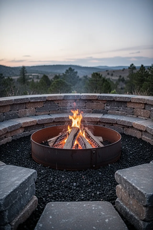 A circular metal fire pit ring, about three feet in diameter, set on a bed of black lava rock. Surrounding it is a low wall of stacked stone that doubles as seating. The stones are a mix of grey and brown, slightly uneven. A few logs sit inside the ring. The sky is dusky, with a faint glow of first flames. No chairs — the stone seating hugs the fire.