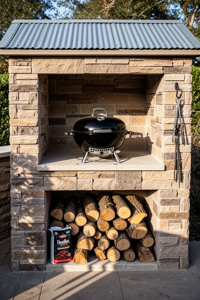 A classic kettle-style charcoal grill sits inside a custom-built masonry alcove with heat-rated stone veneer. Below the grill is a dry storage compartment stacked with split logs and a small bag of lump charcoal. The alcove has a low roof of corrugated metal, and the shadow lines fall across the stacked wood. A pair of tongs hang from a hook on the side.