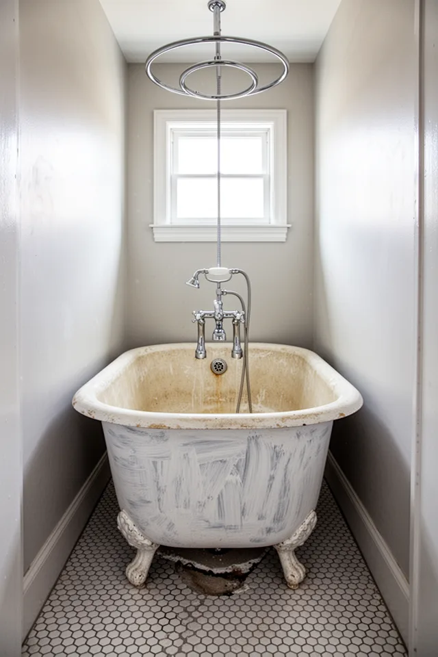 A clawfoot tub in a small bathroom with penny tile flooring. The tub is painted white on the outside with visible brush marks, and the interior is an aged cream porcelain. A high gooseneck faucet with cross handles rises from the rim. A shower ring hangs from the ceiling on a curved rod. The room is narrow — the tub barely fits between the walls. Light from a small window hits the chrome fittings. The floor under the tub shows slight settling.