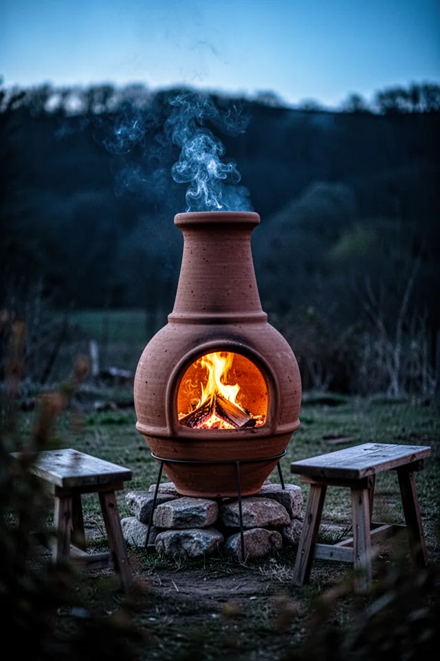 18 Cozy Patio Ideas To Enjoy This Summer A clay chiminea about three feet tall, smoke curling upward, set on a small stone base. Two low wooden stools nearby. Evening light, blue hour, warm glow from the fire inside the bell shape. Slightly out of focus foreground. Shot from the side, revealing the open front and the flame. Atmospheric, a little mysterious.